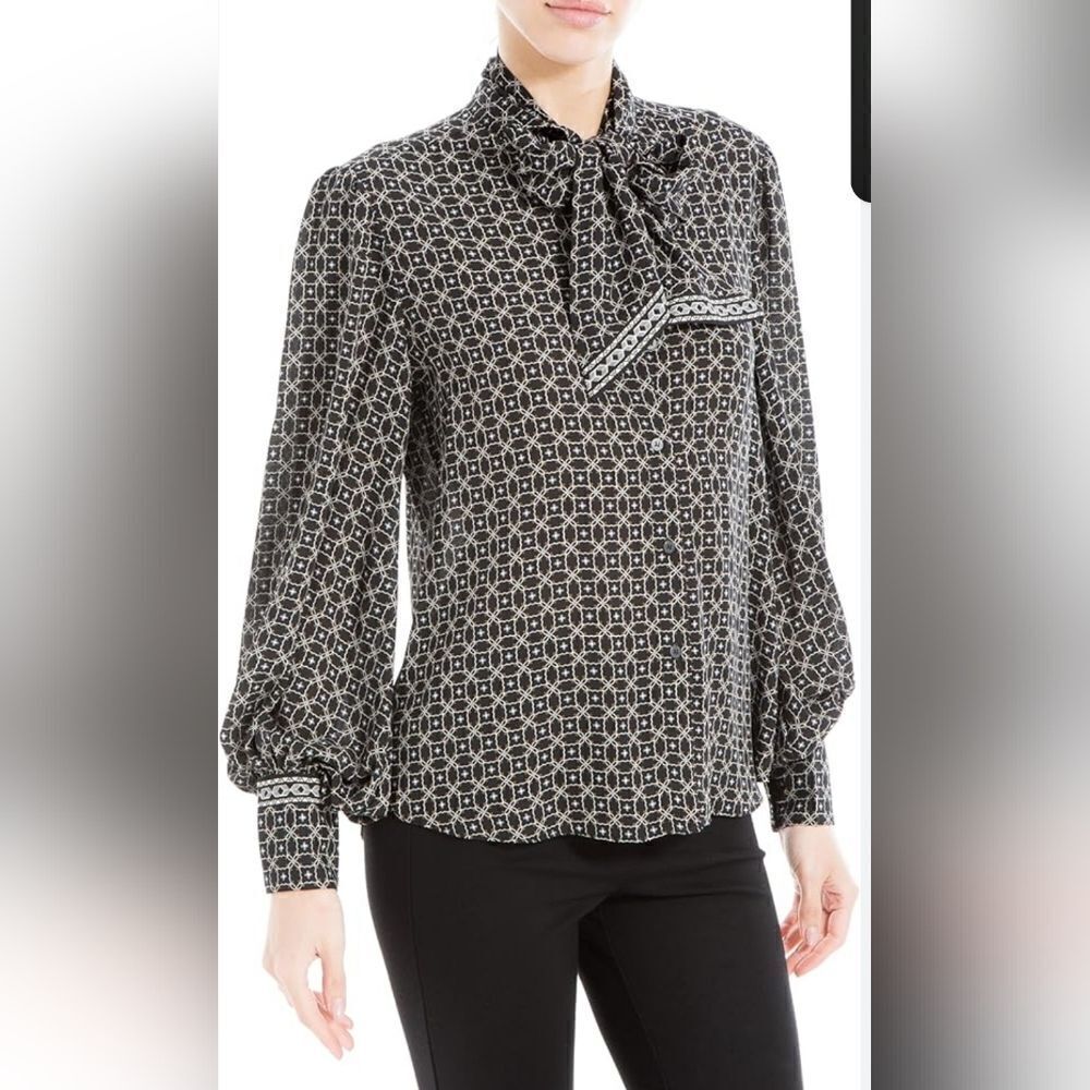 MAX STUDIO Printed Pussycat Bow Blouse- Size XL